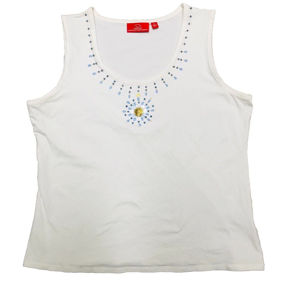 Oscar By Oscar de la Renta Tank Top Women's XL White Beaded Sleeveless T Shirt
